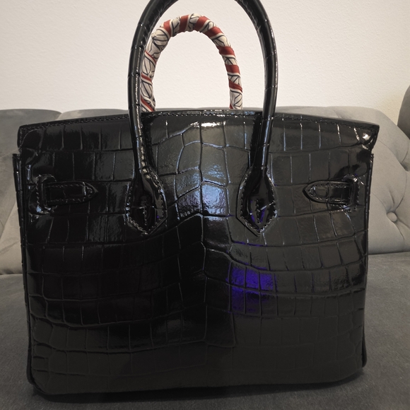 Black Crocodile Style H Birkin 25cm Inspired Bag - Picture 5 of 17